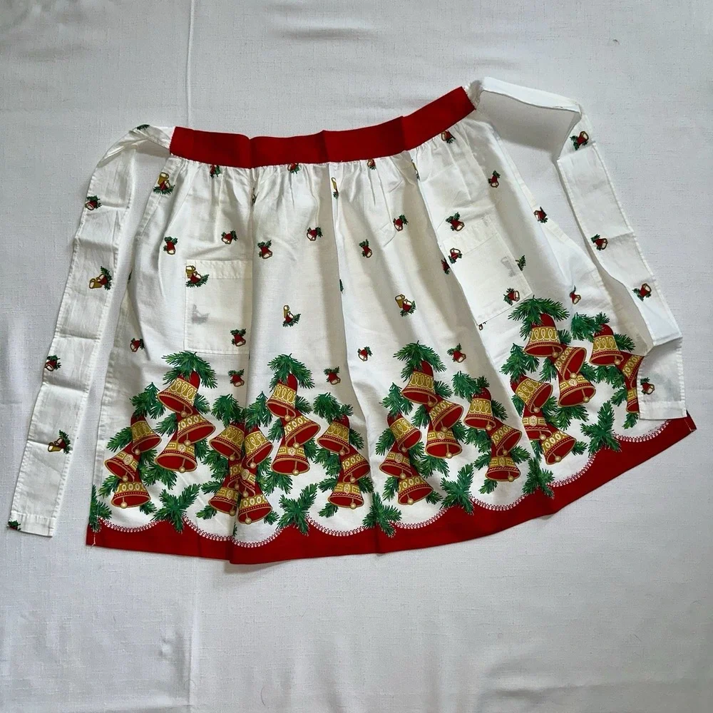 Vtg MCM Christmas Half Apron 1950s Holly Berry Festive Bells 21.5
